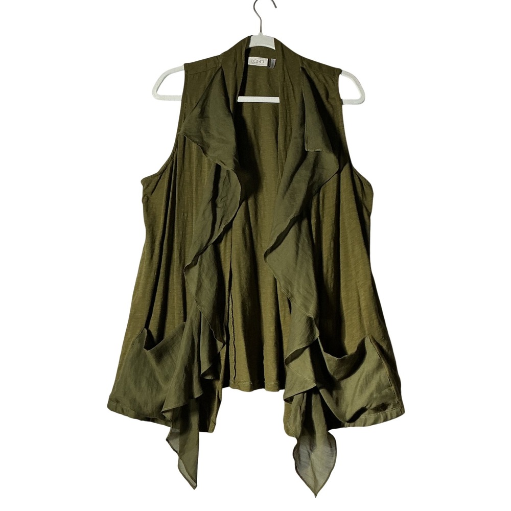 LOGO Lori Goldstein Womens Lagenlook Ruffle‎ Draped Open Front Pocket Vest 1X